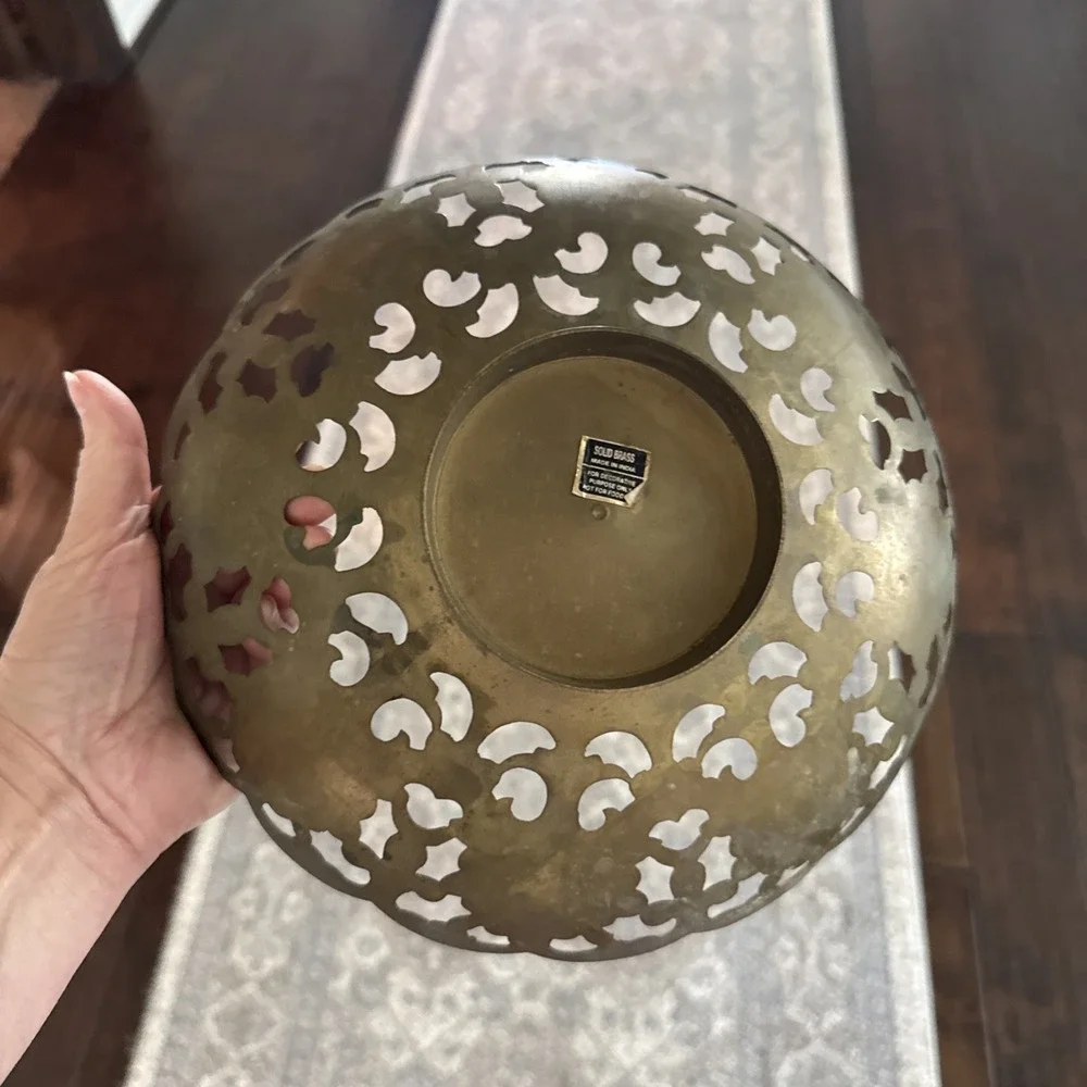 VINTAGE INDIA BRASS ENAMELED OPENWORK BOWL